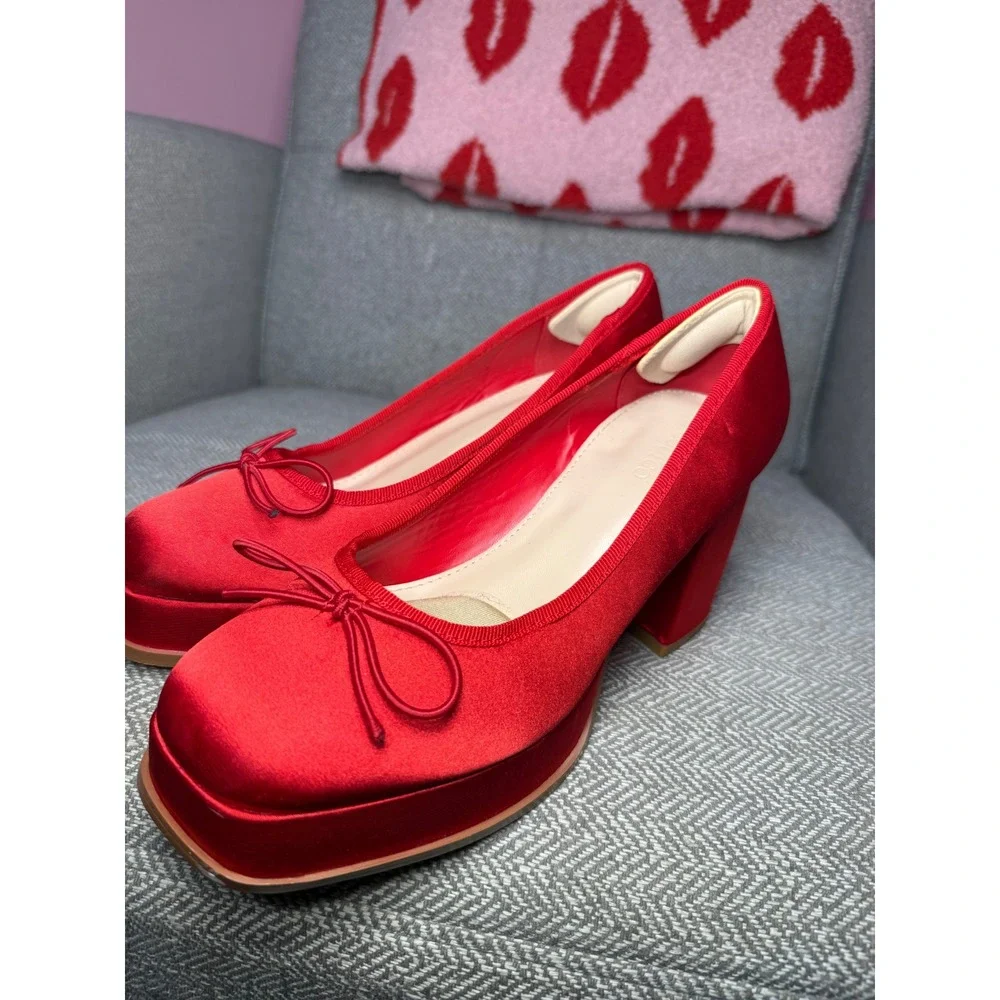 Coutgo Red‎ Satin Platform Pumps Block Heel Square Toe Bow Heels Womens 8.5